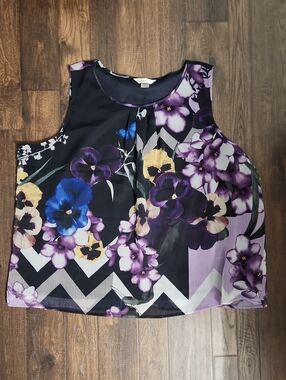 CJ Banks Floral Sleeveless Shell Top in Black, Purple, Blue and Cream